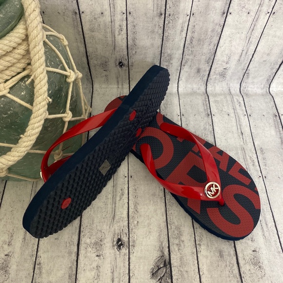 NEW! MICHAEL KORS WOMENS NAVY AND RED FLIP FLOPS MK LOGO - Picture 3 of 4